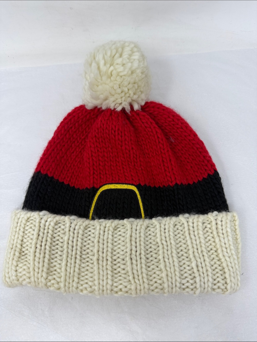 David & Young Santa Belt Pom Pom Knit Beanie Red Black Cream Winter Hat Festive